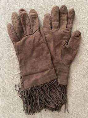 AWESOME Vintage 2000s J. Crew Brown Suede Glove with Fringe at Cuffs Size 8